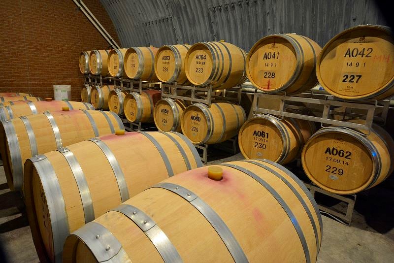 ずらりと並べられた北海道ワインのワイン樽