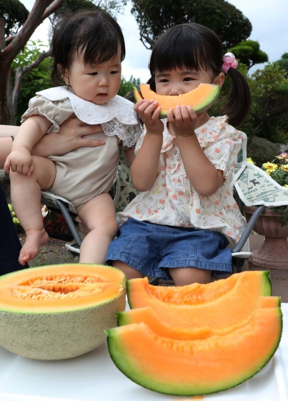 鮮やかなオレンジ色が特徴の「くんねっぷメロン」と切ったメロンを味わう子どもたち