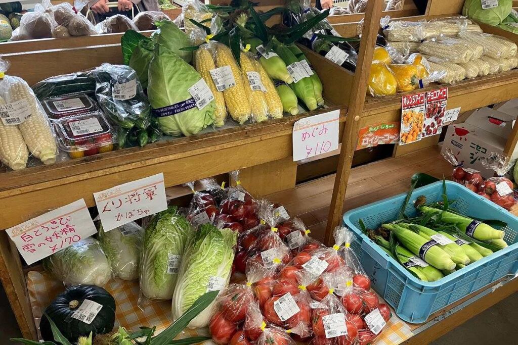 地場の野菜が並ぶ直売所の商品棚