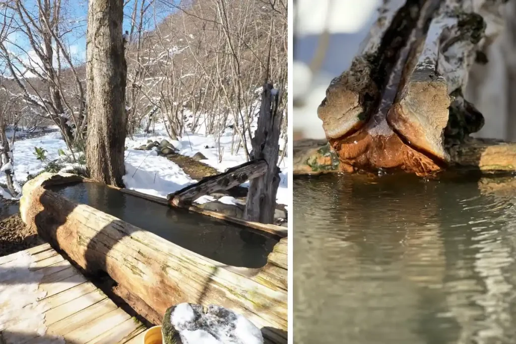 「トチニの湯」の湯船（左）と湯口（右）