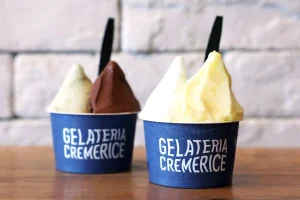 素材にこだわったジェラートとソルベ。右から季節限定の甘夏みかんソルベ（販売終了）、塩ミルク、カカオソルベ、プレミアムピスタチオ（石川崇子撮影）